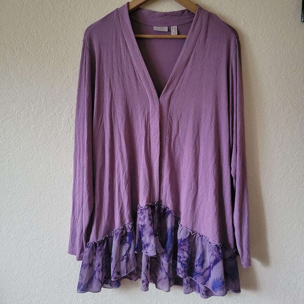 LOGO | Purple Cardigan 1X Tie Dye Ruffle Hem Open Casual Fairycore Feminine